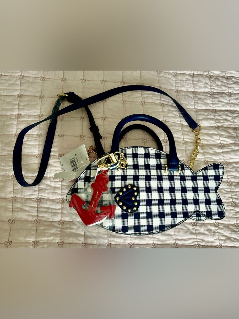 Betsey Johnson OXSEA Fish Crossbody Bag Navy/White Gingham with Red Anchor Charm